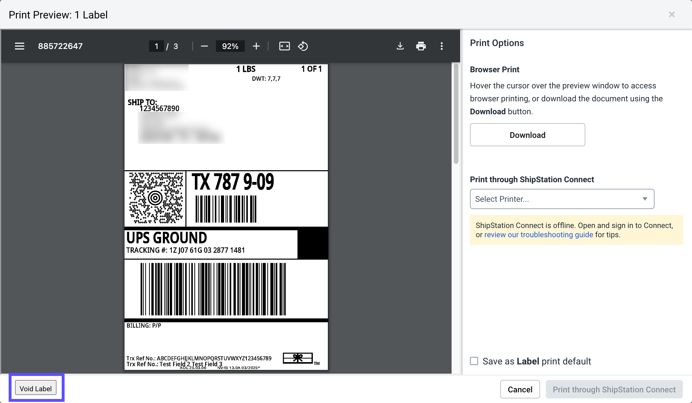 Print Preview screen with the Void Label button highlighted