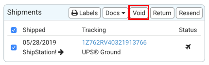 Shipments panel: Red box highlights Void button.