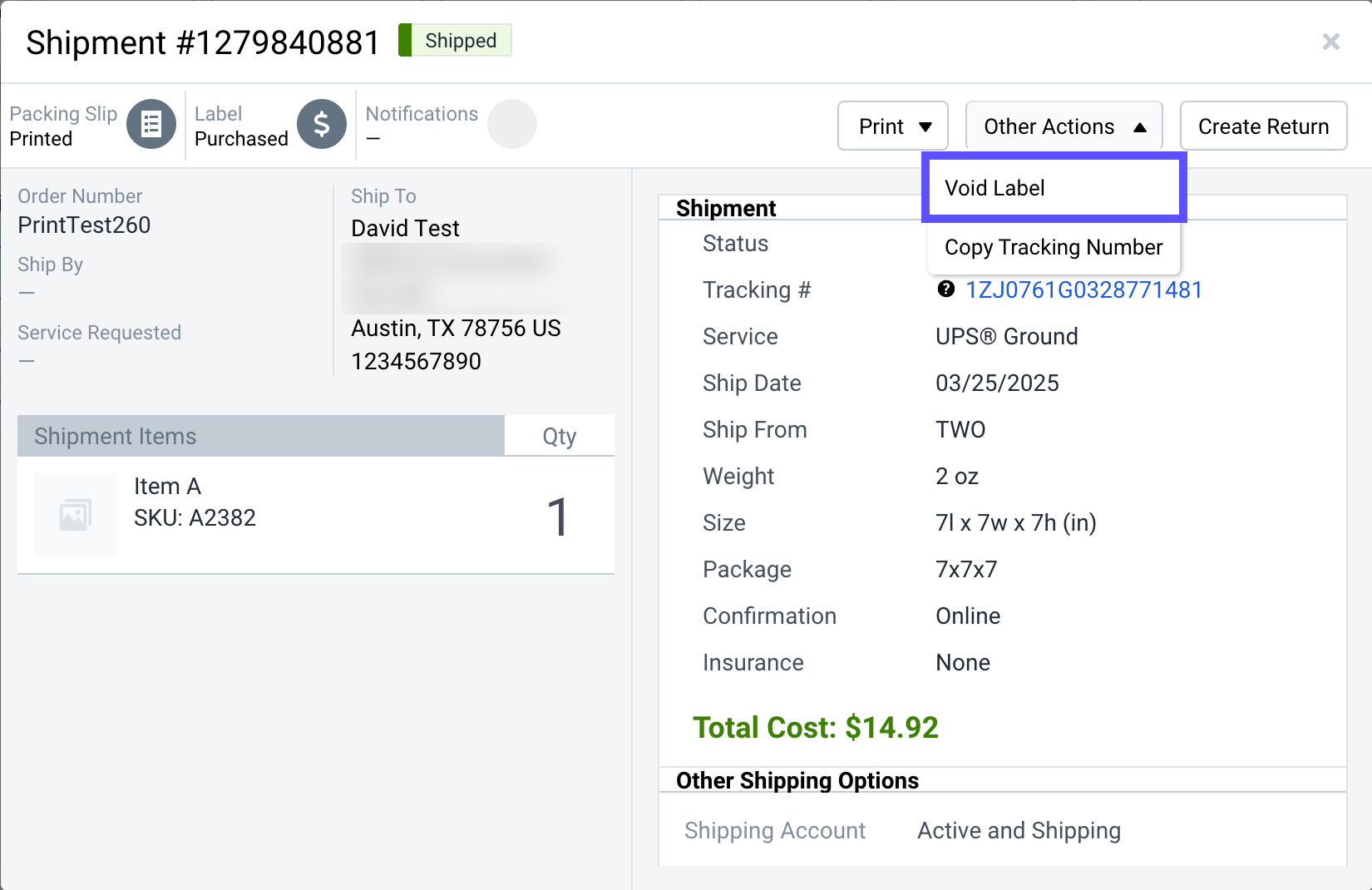 Shipment Details, Other Actions menu, with Void Label option selected.