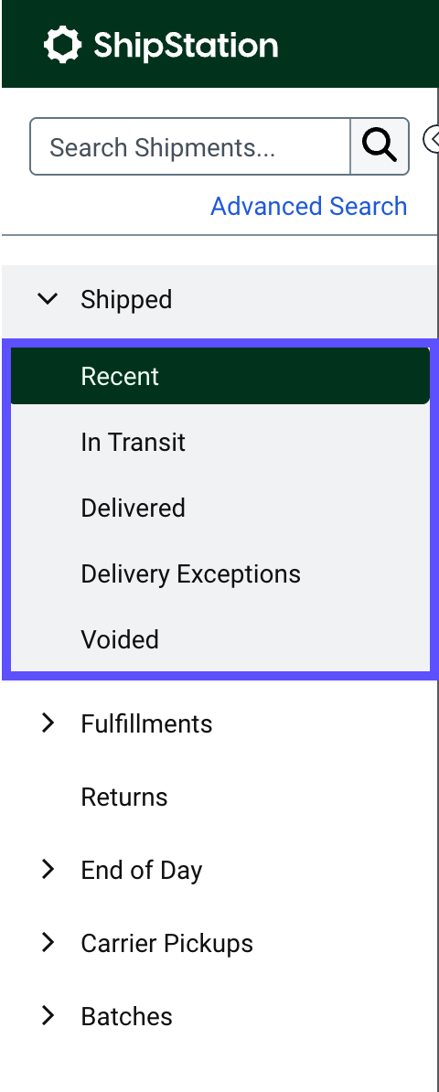 Shipments navigation sidebar, Shipped tab tracking statuses outlined
