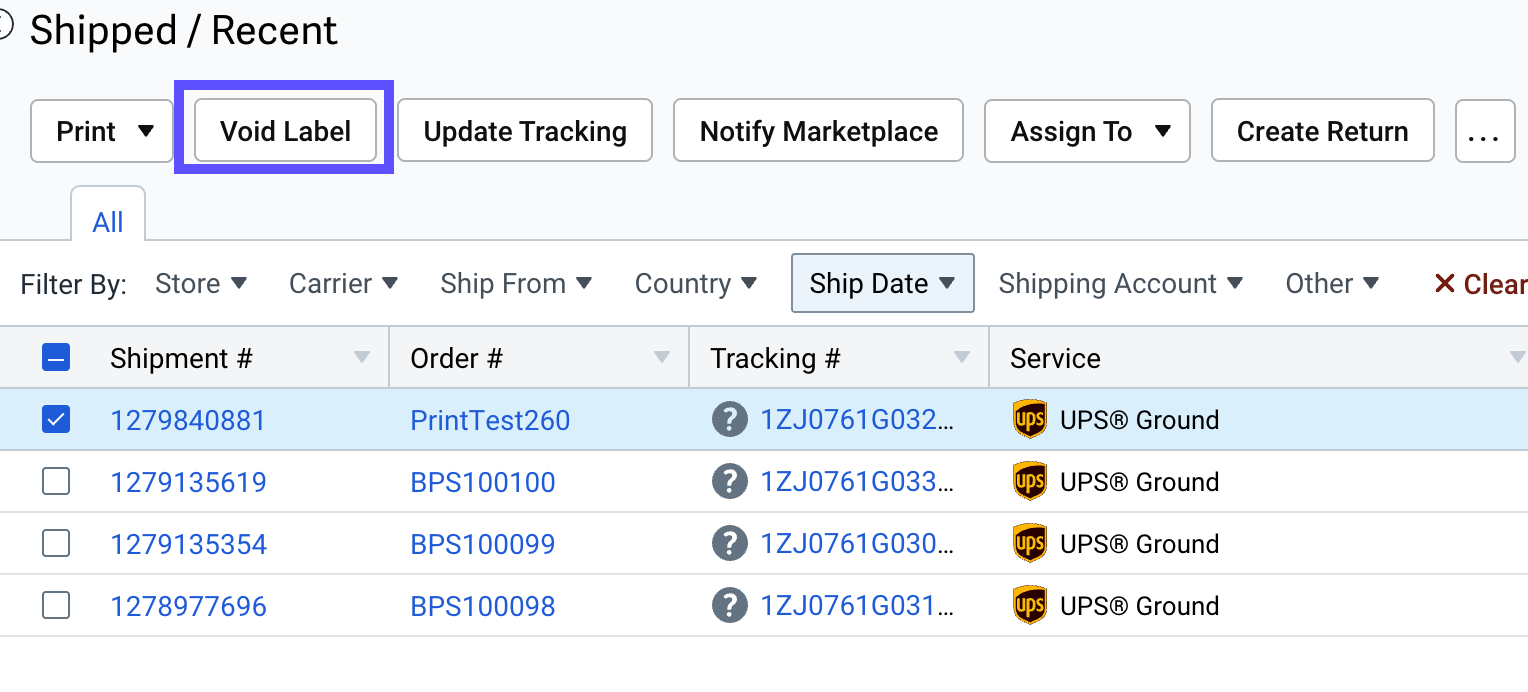 The Shipments grid with the Void Label button selected.