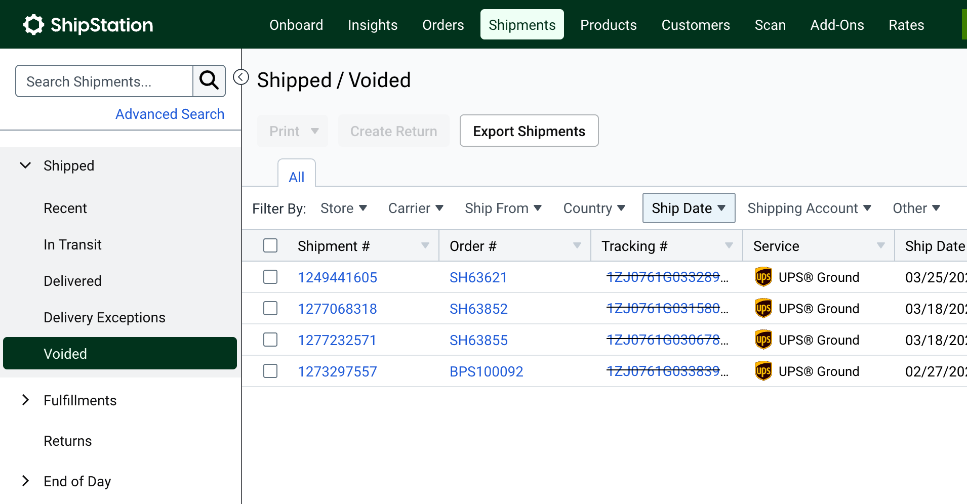 Shipments grid with the Voided shipments section displayed