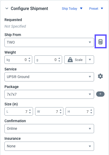 Configure Shipment widget with rate calculator next to the Ship From drop-down highlighted
