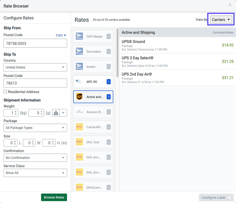 Rate Browser carrier view with carrier view drop-down highlighted.