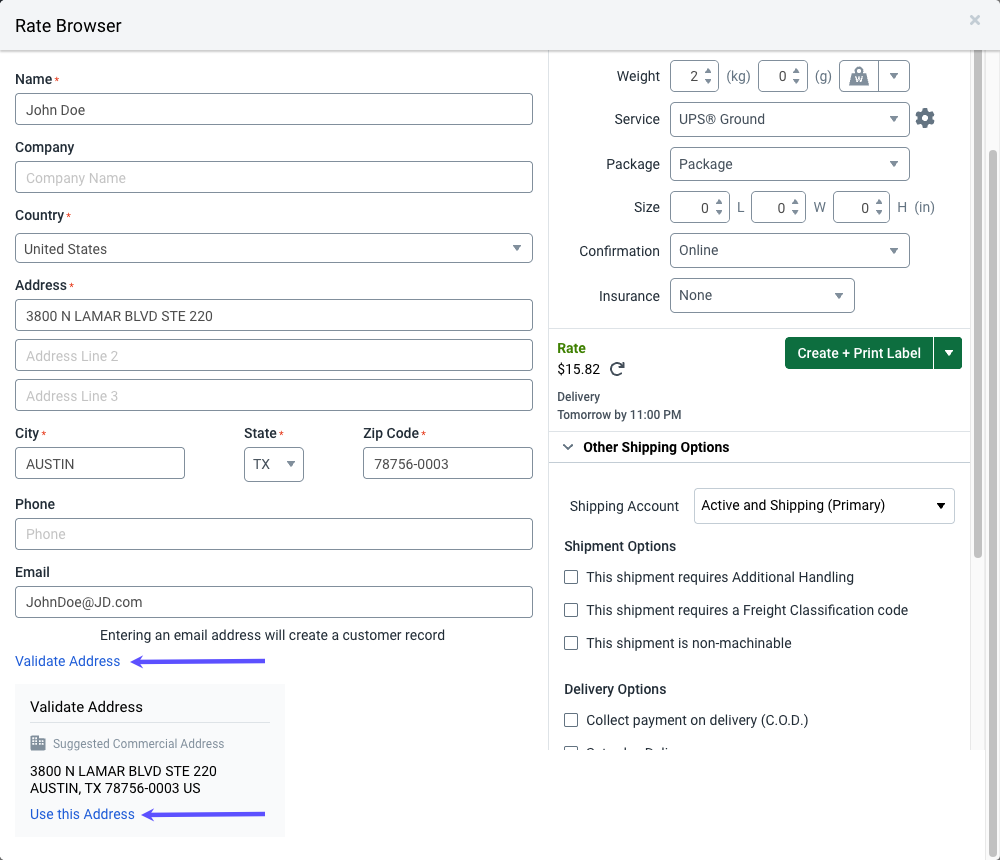 V3 Rate Browser Configure Label, red box highlights Validate Address option. Arrow points to Use This Address option