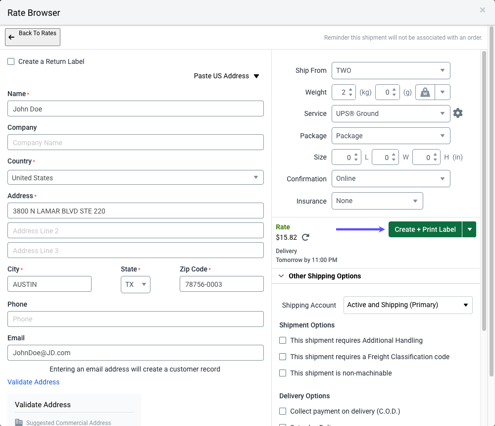 V3 Rate Browser Configure Label Screen. Arrow points to Create Label button