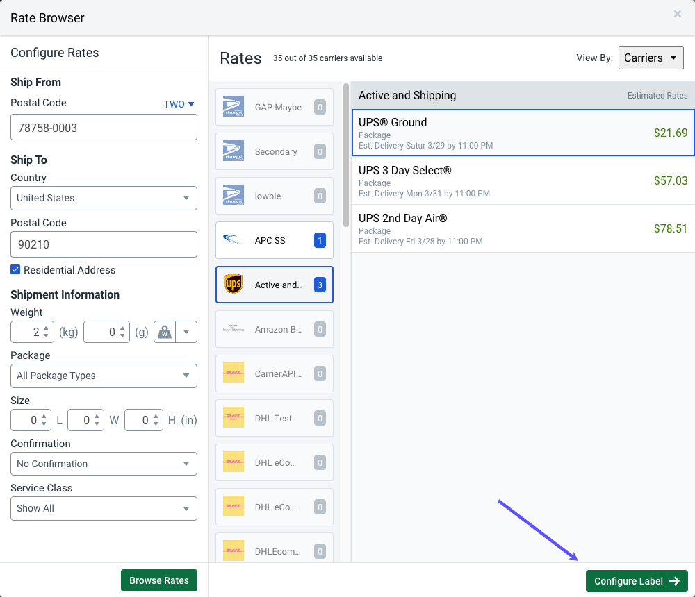 Rate Browser pop-up. Arrow points to Configure Label button