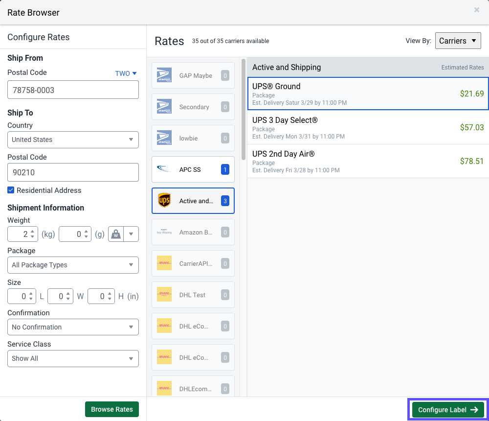 Rate Browser pop-up from Orders sidebar. Arrow points to Configure Label button