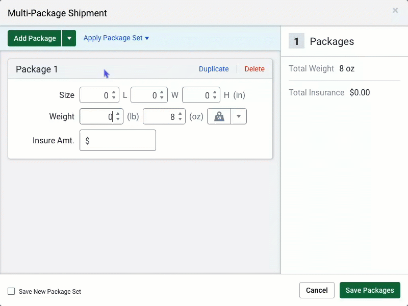 GIF showing how to add packages for a multi-package shipment