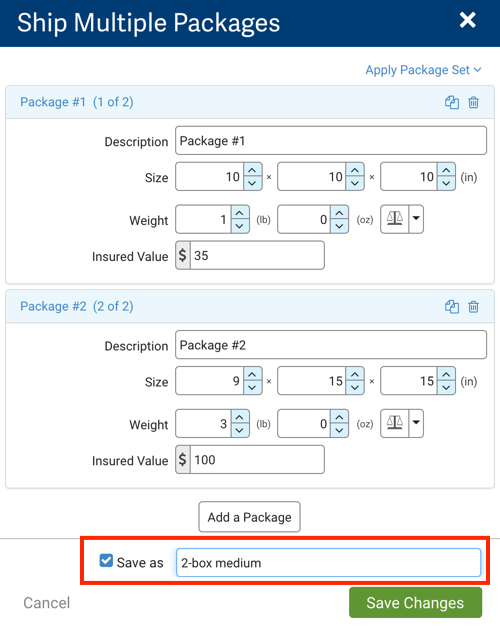 Ship Multiple Packages pop-up. Red box highlights field to Enter a name for the package set.