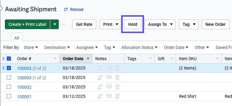 Orders grid, Action bar: Box highlights Hold button.