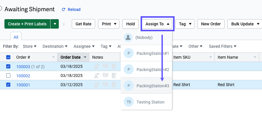 Assign To action menu is open and arrow points to a username to select in the list.