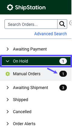 Orders tab. ​On Hold​​ dropdown in the left-hand sidebar. Arrow points to count of On Hold orders & store