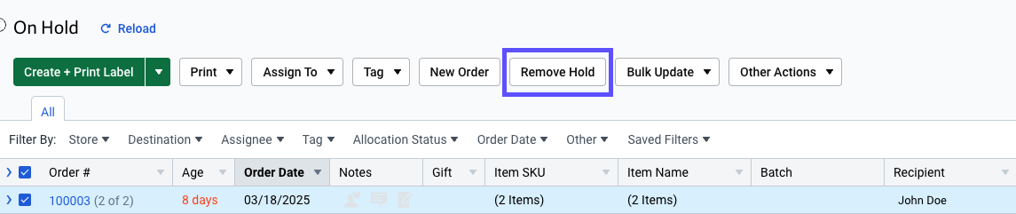 On Hold status screen, Remove Hold button outlined.