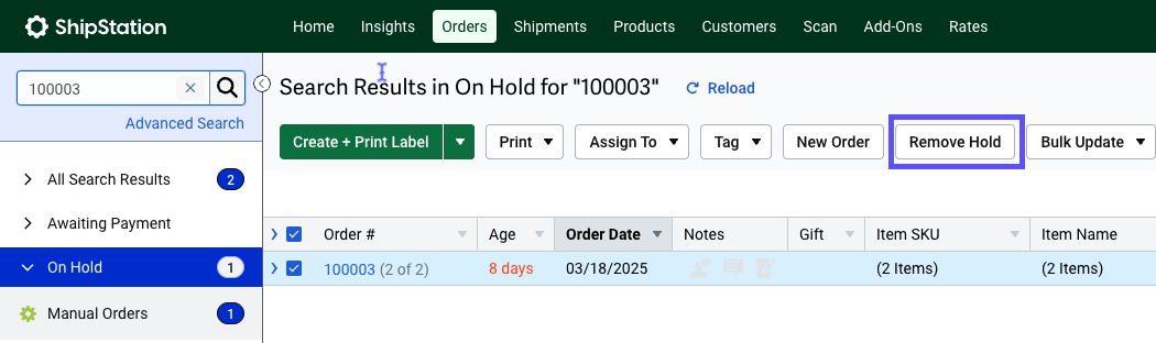 The remove hold button is marked.