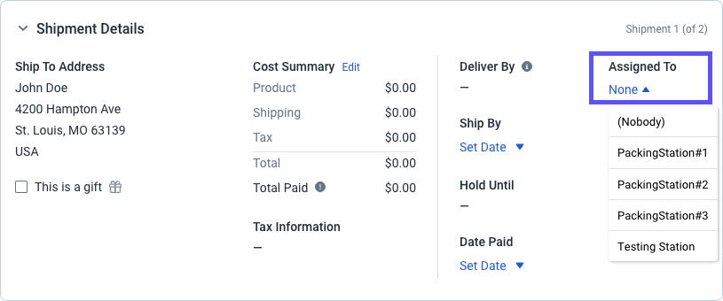 Order Details shipments action menu is open with the Assign Shipment option highlighted.