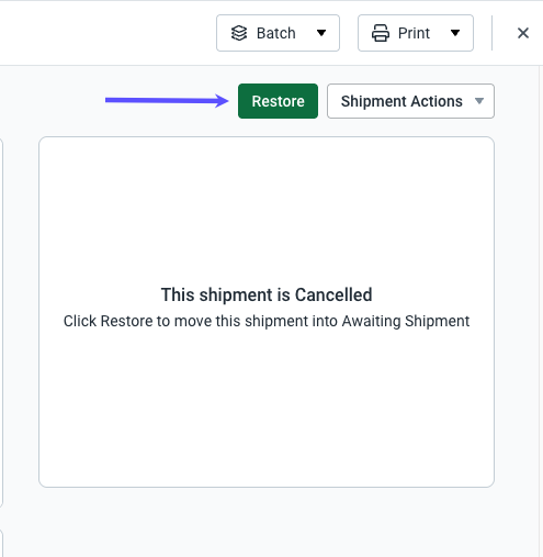 Canceled Order Details popup. In Shipping section, red arrow points to Restore button.