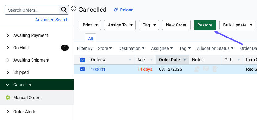 An arrow points to the Restore button in the cancelled orders screen.