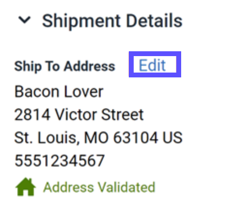 The shipment details show the Ship To Address with Edit marked.
