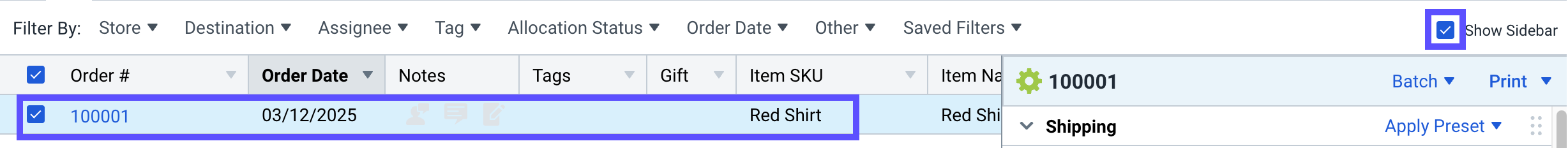 The order line is marked with show sidebar checked.