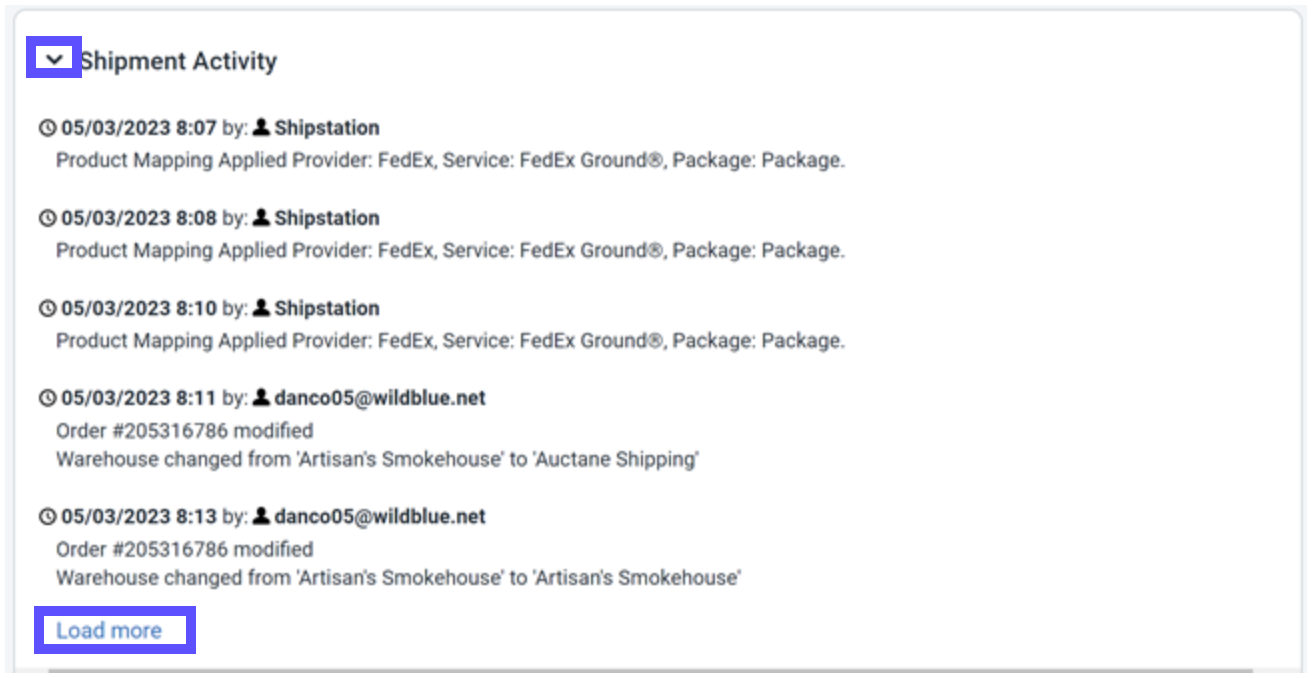 Shipment Activity shows the section carrot expanded and marked with the Load More link marked.