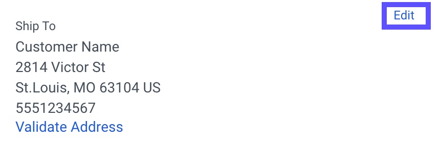 El enlace Editar está marcado en la dirección de envío del destinatario.