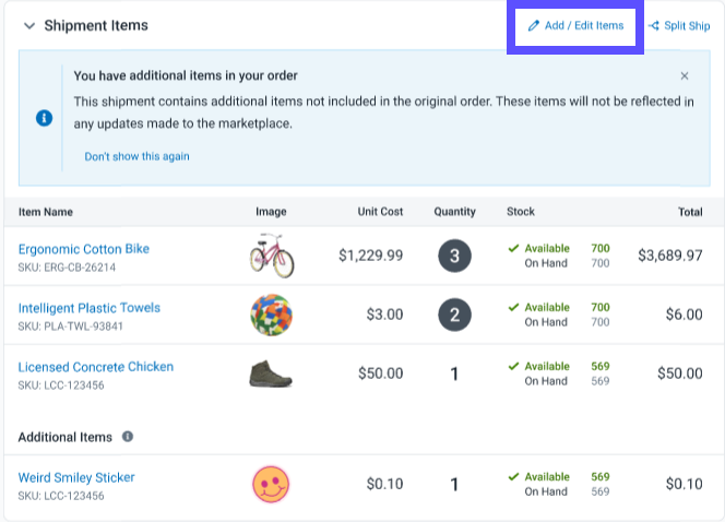 Haz clic en el enlace de edición en el panel Elementos de envío.