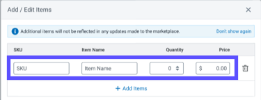Los campos editables se resaltan en la pantalla Editar artículos del envío.