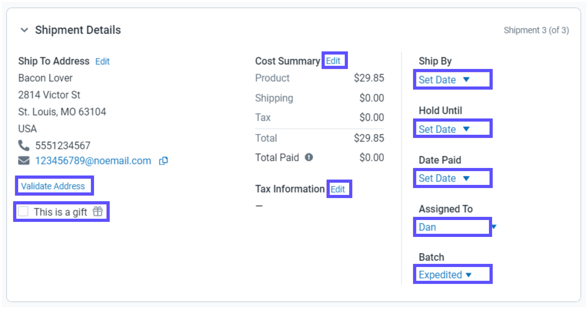 Detalles del envío con los siguientes campos marcados: validar dirección, Esto es un regalo, enviar por, retener hasta, fecha de pago, asignado a y agregar al lote.