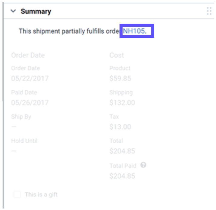La sección de resumen muestra el mensaje "Este envío cumple parcialmente con el pedido NH105" con el número de pedido marcado.