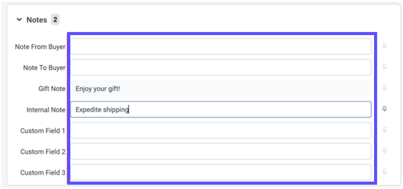 El panel de notas se muestra con los campos de notas editables resaltados.