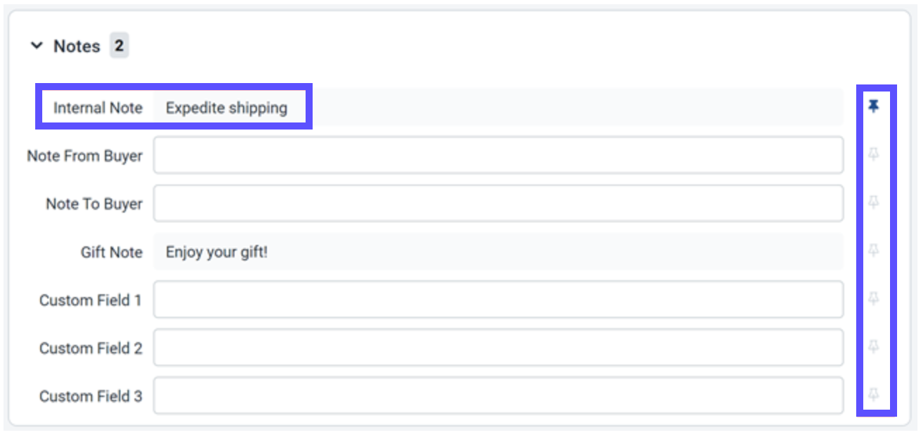 Hay una nota anclada en la parte superior del Panel de notas. Se resaltan los íconos de anclaje.