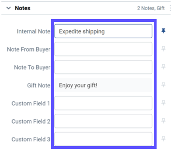 Los campos marcados en la sección Notas