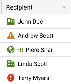 Gros plan de 3 statuts de validation différents pour les adresses de commande-livraison. L'en-tête indique « Destinataire » et liste 3 noms.