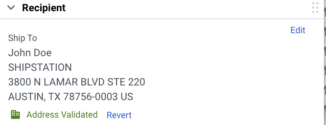 Détails de la commande. Exemple de champ Expédier vers. Icône d'adresse commerciale et statut d'adresse validée en vert