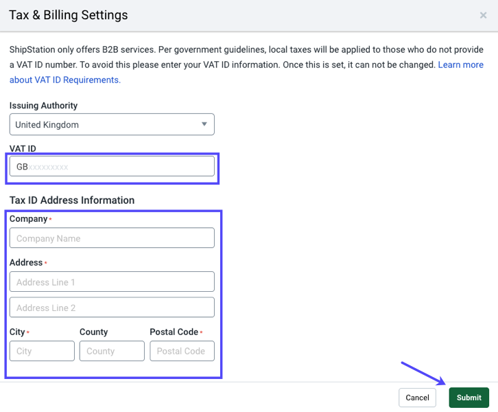 Shows TAX ID field, Address boxes, & the Save button