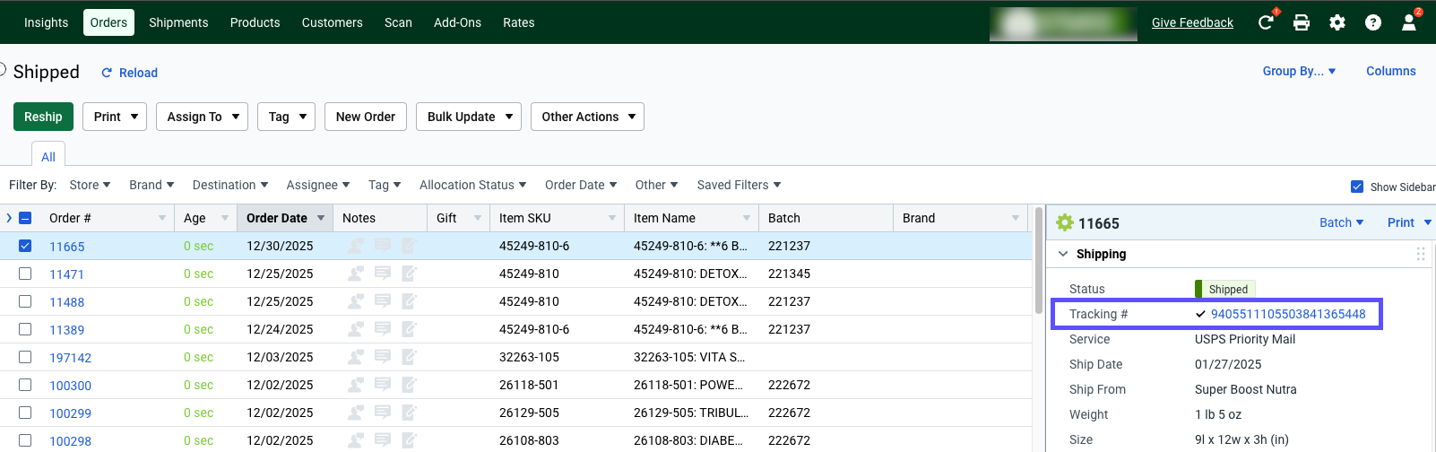 Das Sendungsraster, das den in der Seitenleiste markierten Link zur Sendungsverfolgung anzeigt.