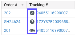V3 Sendungen-Raster in der Spalte „Sendungsverfolgungsnummer“ mit hervorgehobenen Symbolen.
