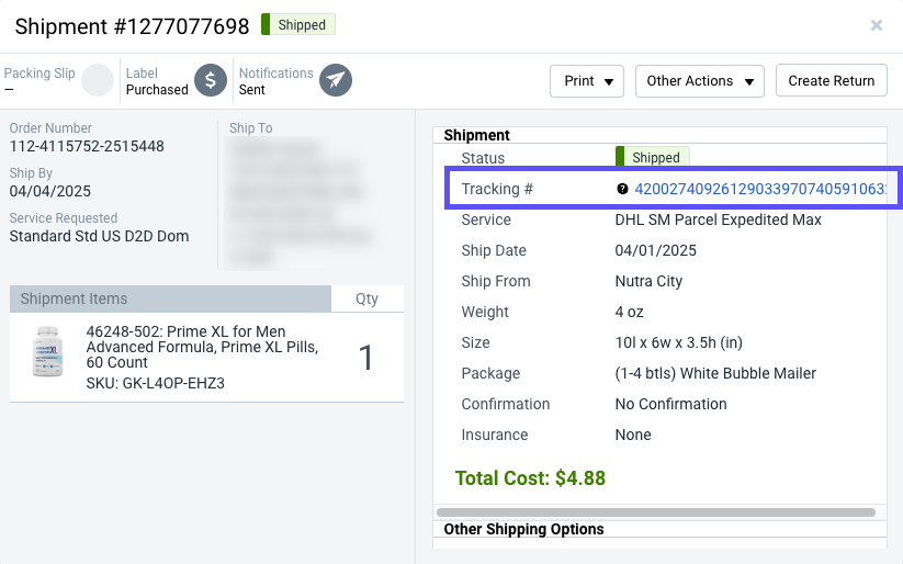 Detalles del envío V3 con el número de seguimiento resaltado.