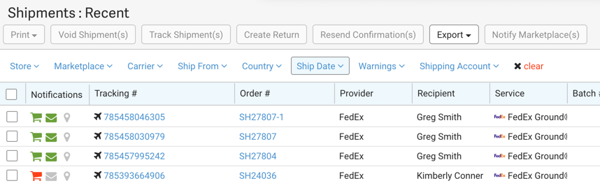 Ejemplo de cuadrícula de Envíos.