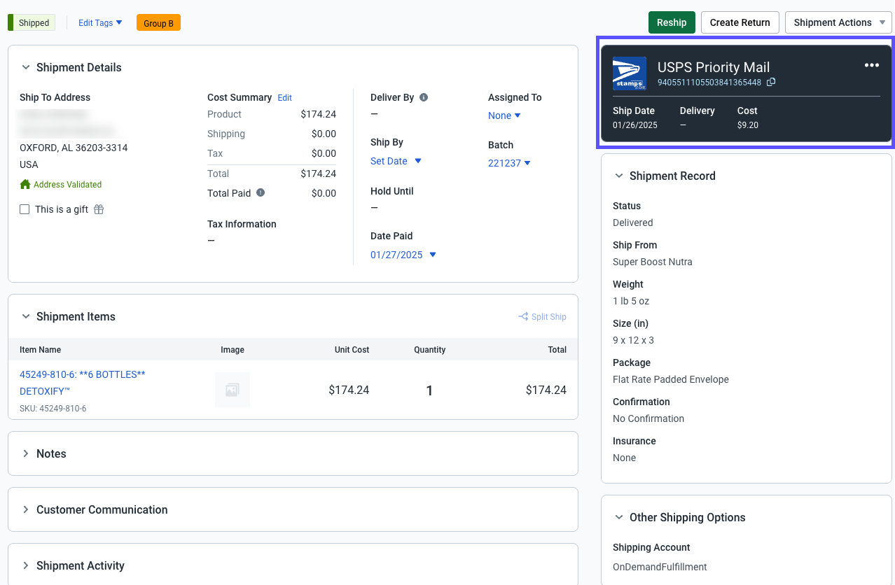 Auftragsdetails Sendungsdetails Karte mit markierter Sendungsverfolgungsnummer.