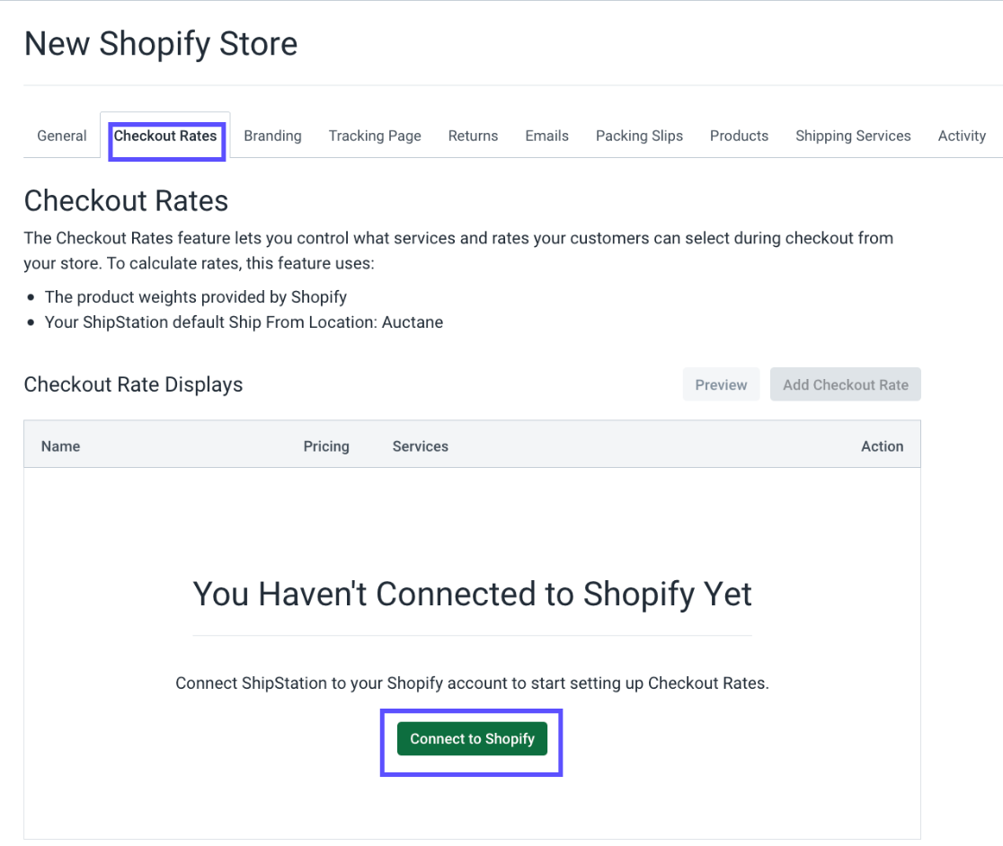 Pestaña Checkout Rates en la configuración de la tienda con el botón Conectar a Shopify resaltado.