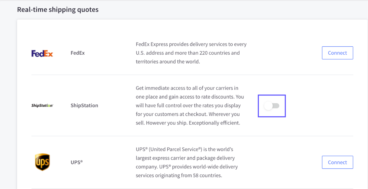 Cuenta de BigCommerce: página de cotizaciones de envío en tiempo real. El cuadro rojo resalta el botón para activar las tarifas de ShipStation.