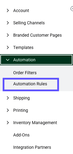 Settings Sidebar: Automation dropdown. Red box highlights Automation Rules option.