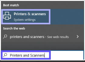 Drucker- und Scannereinstellungen werden über die Windows-Desktop-Suchleiste geöffnet.
