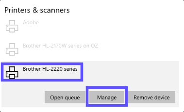 Drucker aus dem Einstellungsmenü von „Windows Drucker & Scanner“ ausgewählt und die Schaltfläche „Verwalten“ hervorgehoben.