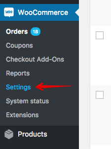 Menú WooCommerce con una flecha que apunta hacia Settings (Configuración).