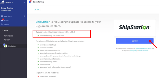 Panel de control de BigCommerce. El cuadro muestra la casilla de verificación Aceptar compartir Shipstation, la flecha apunta al botón Confirmar.