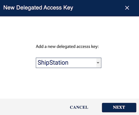 Ventana emergente de Nueva clave de acceso delegada con Shipstation seleccionada en el menú desplegable Agregar una nueva clave de acceso delegada.