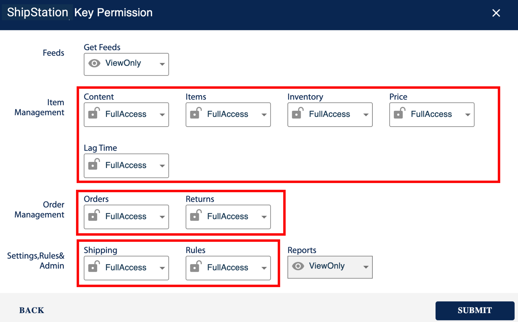 Módulo de Permisos de clave de ShipStation con las secciones Gestión de artículos, Gestión de pedidos y Configuración, Reglas y Administrador marcadas.